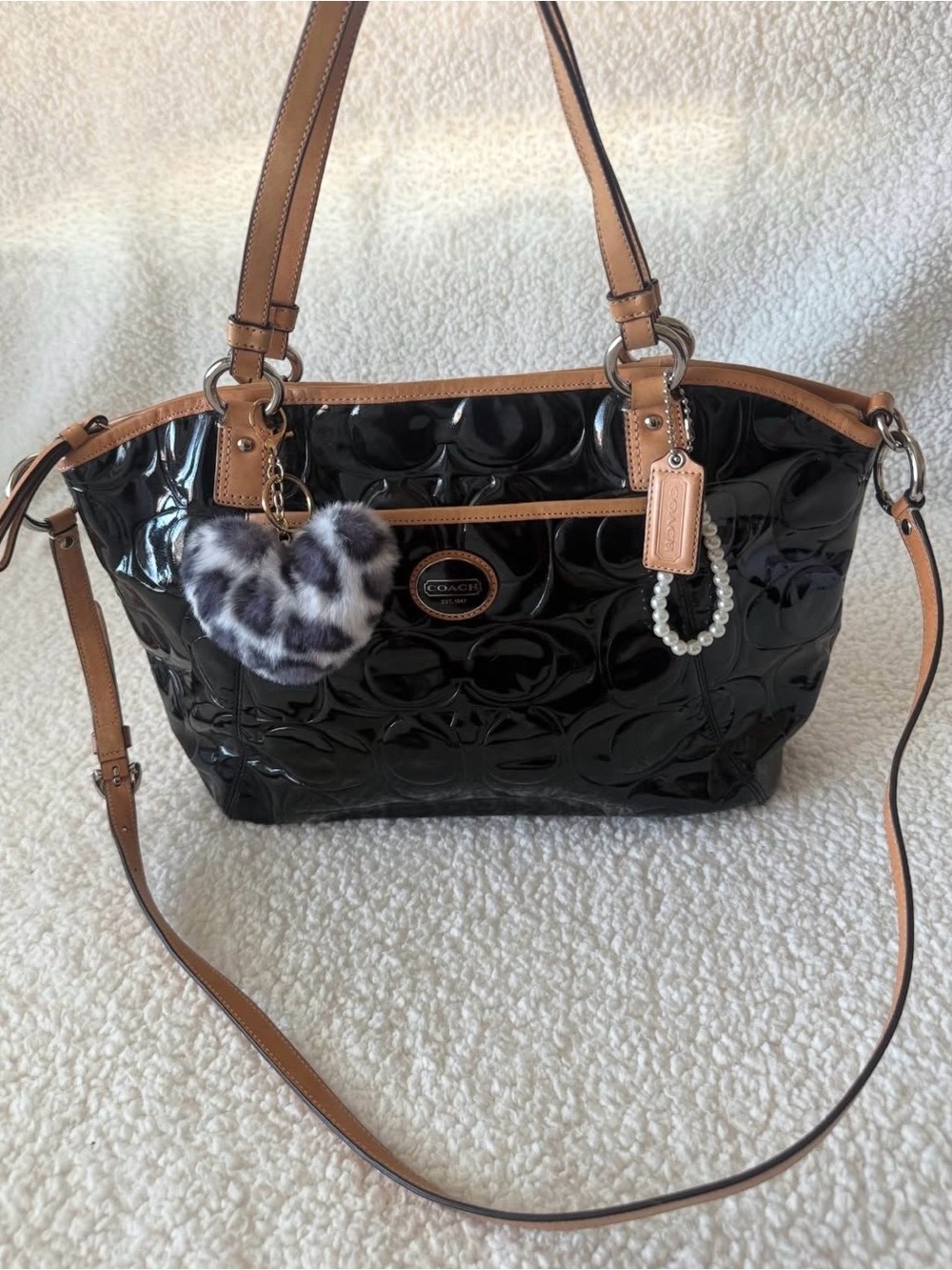 Coach Early 2000s Peyton Embossed Black Patent Leather Tote with Tan Trim